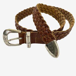 Vintage Women's Engraved Buckle Braided Leather Belt Size S
